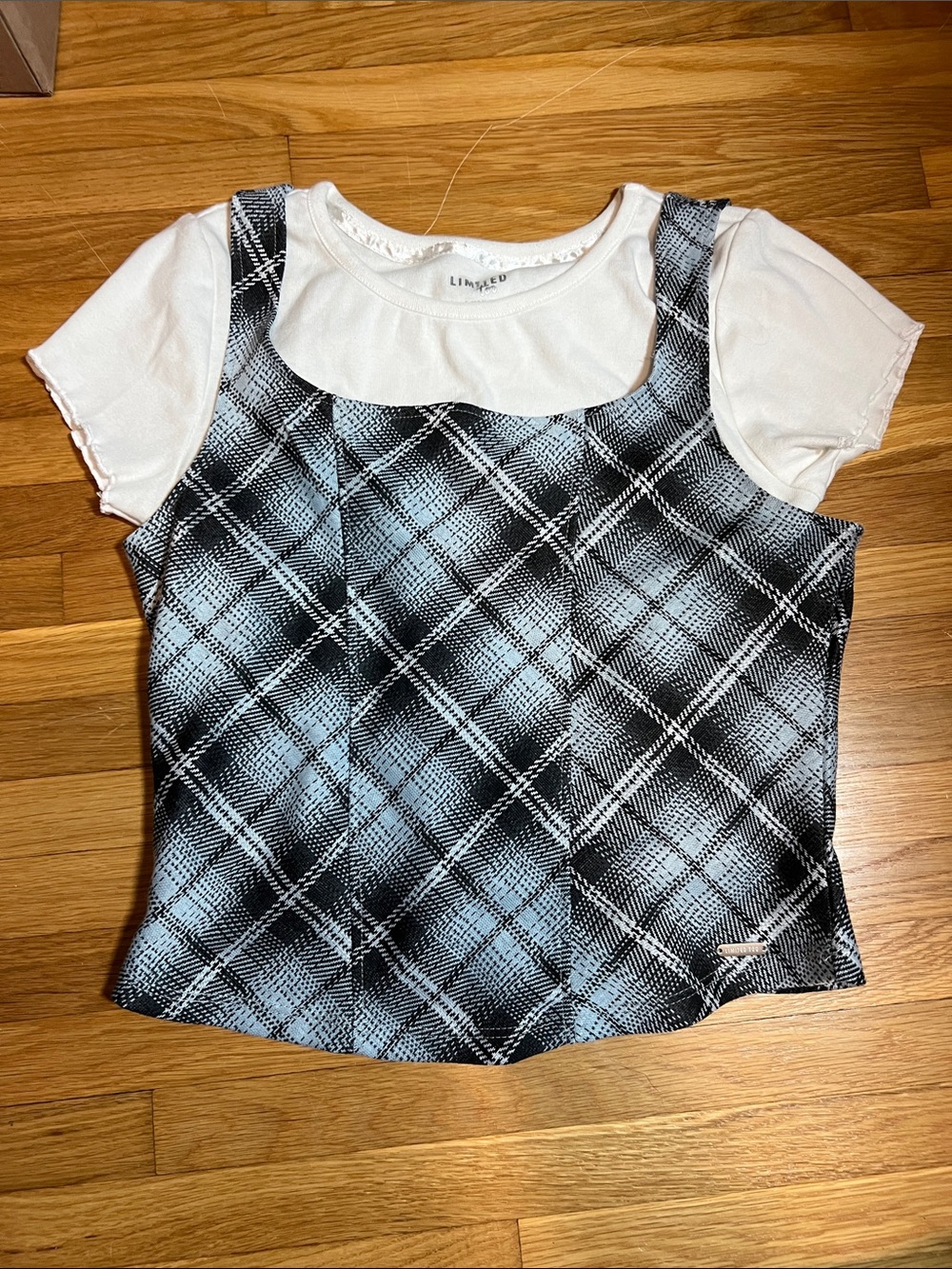 Limited Too Black & Light Blue Plaid Layered Tank with White Tee
